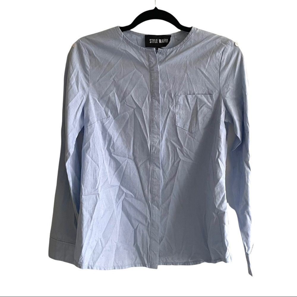 STYLE MAFIA Cotton Crew Long Sleeve Hidden Button Front Shirt Blouse Blue XS